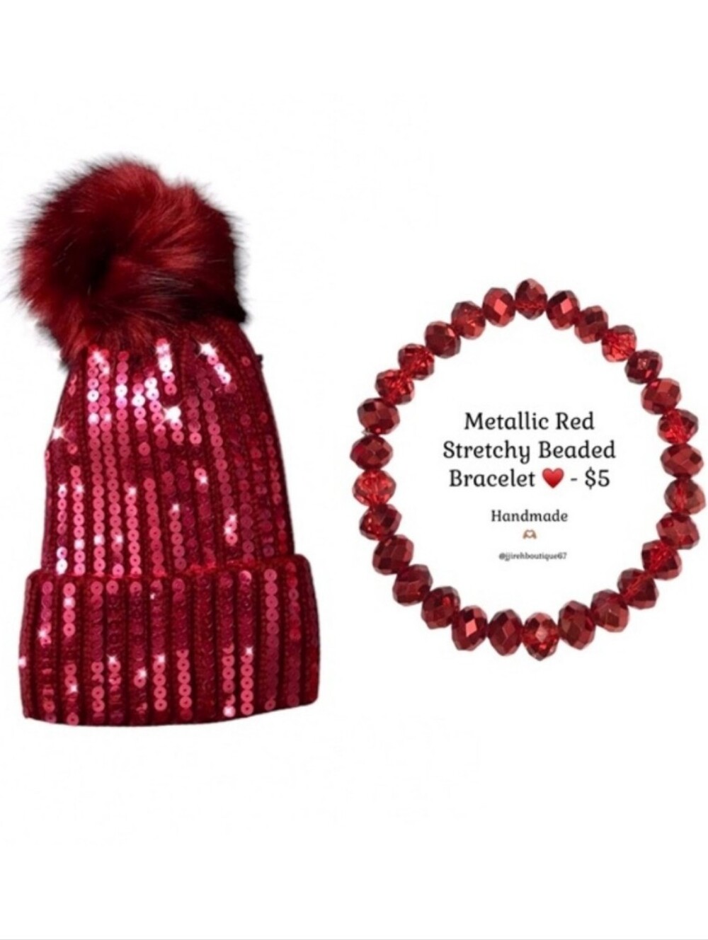 Burgundy Sequin Beanie & Bracelet Set ♥️